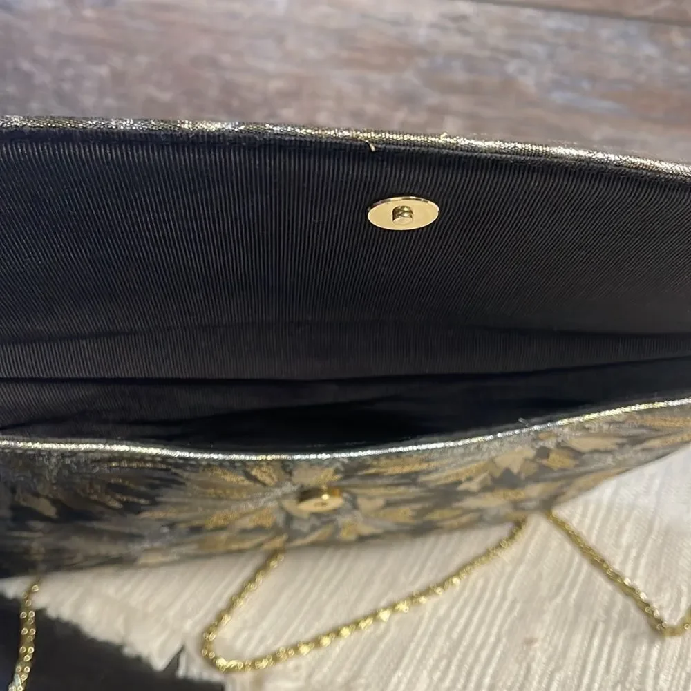 Evening Bag,Metallic Gold & Silver Floral Design,Goldtone Chain 10 1/2”W x 6” L